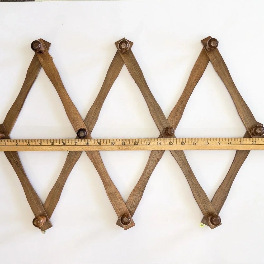 Vtg Wooden 10 Peg Accordion Wall Coat Rack Expandable Folding Hang Storage SET